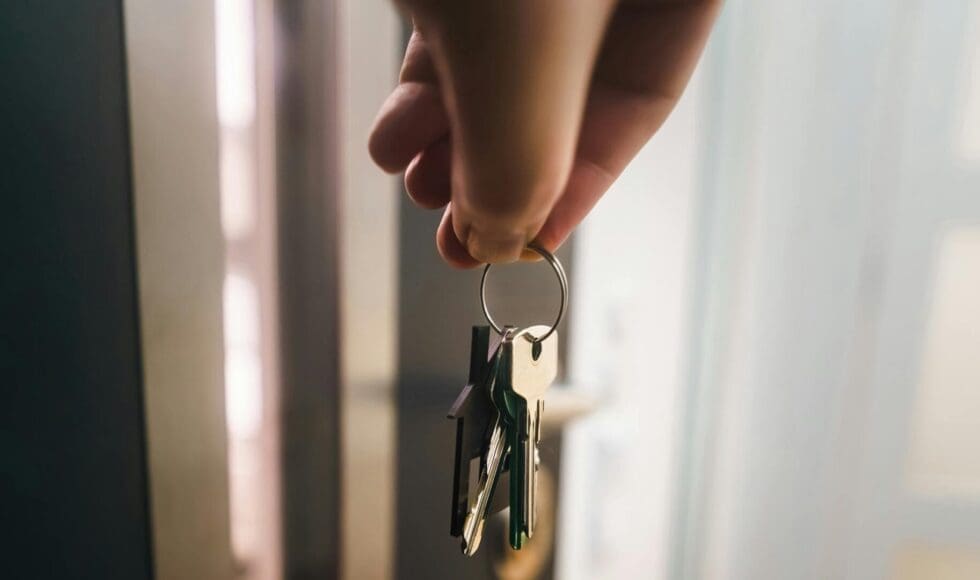 Hand holding a set of keys with a blurred background.