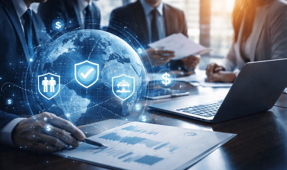 Business professionals analyzing digital security and finance data with a glowing globe graphic.